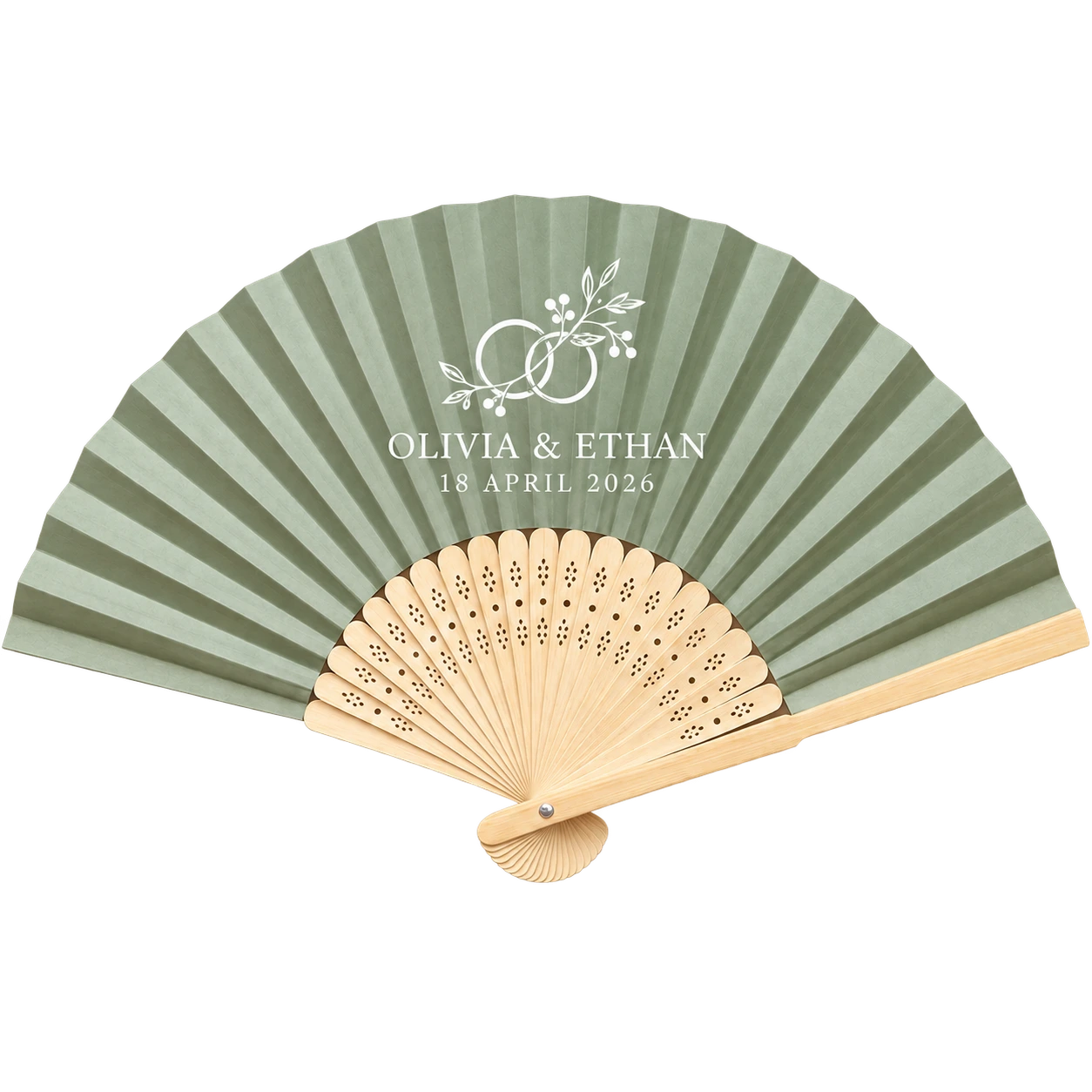 Sage personalized bamboo wedding hand fan with Olivia and Ethan names and April 2026 date