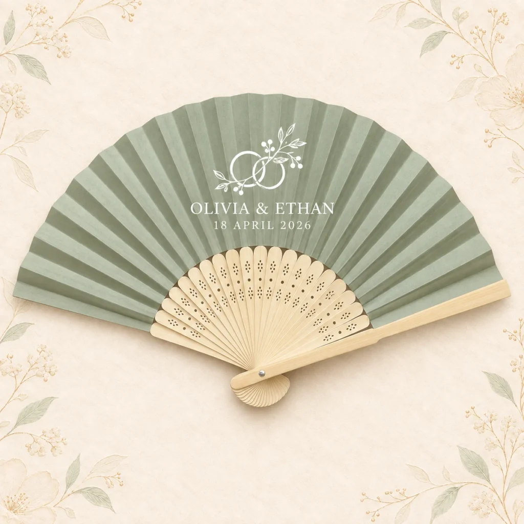 Sage personalized bamboo wedding hand fan with Olivia and Ethan names and April 2026 date