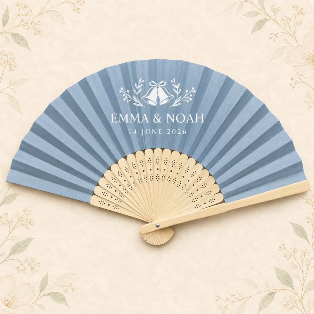 Dusty blue personalized bamboo wedding hand fan with Emma and Noah names and June 2026 date