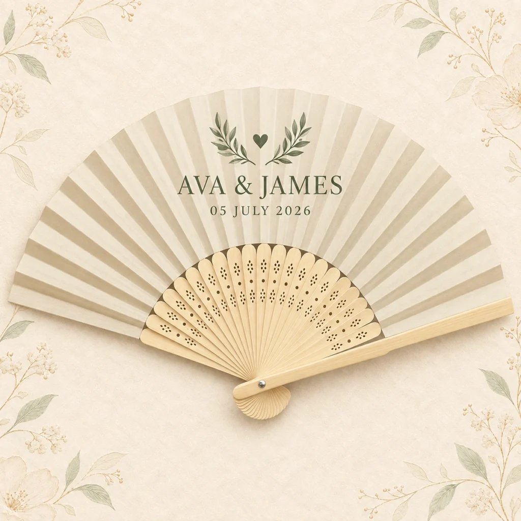 Champagne personalized bamboo wedding hand fan with Ava and James names and July 2026 date