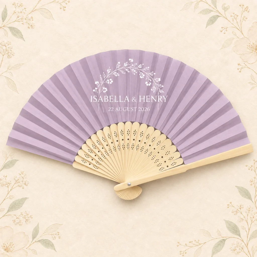 Lavender personalized bamboo wedding hand fan with Isabella and Henry names and August 2026 date