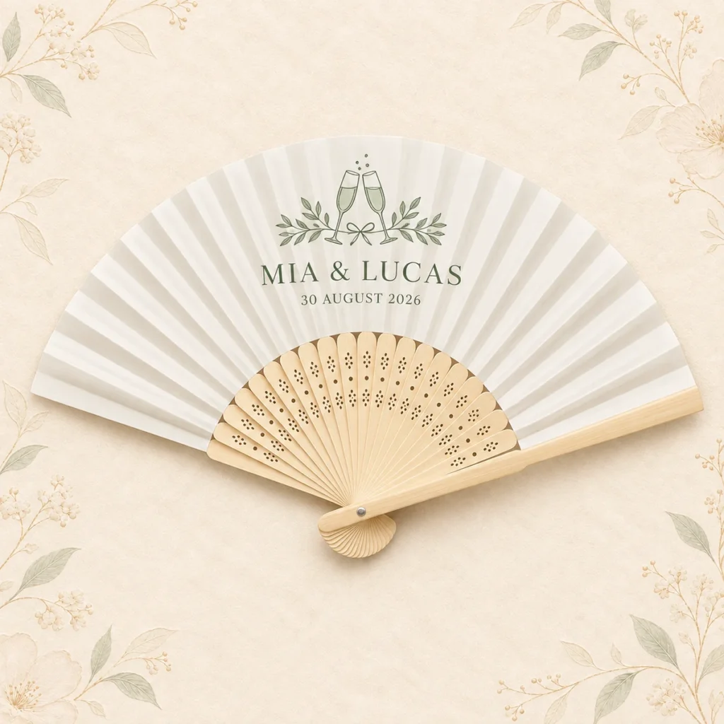 Ivory personalized bamboo wedding hand fan with Mia and Lucas names and August 2026 date
