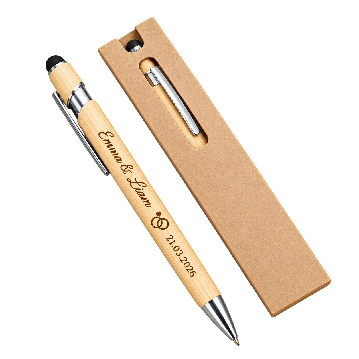 Bamboo wedding pen for Emma and Liam dated 21 March 2026