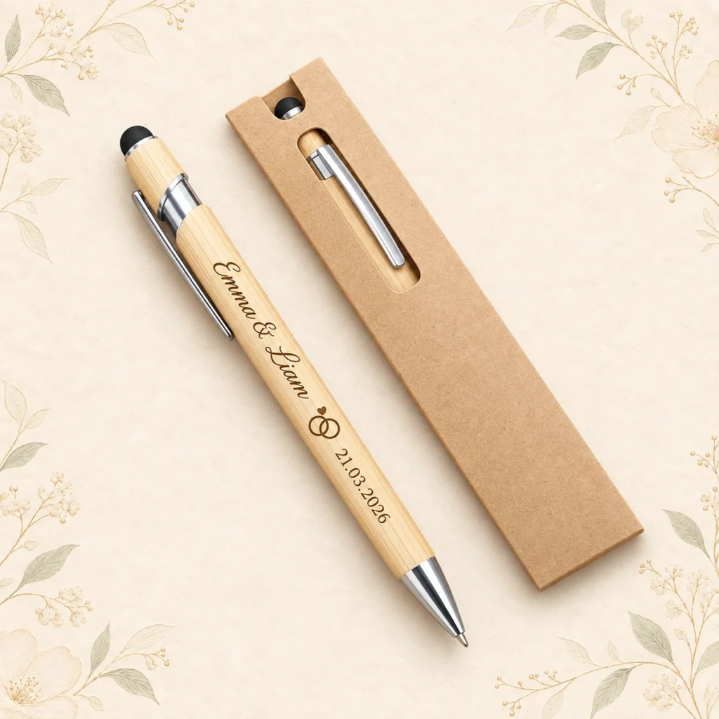 Bamboo wedding pen for Emma and Liam dated 21 March 2026