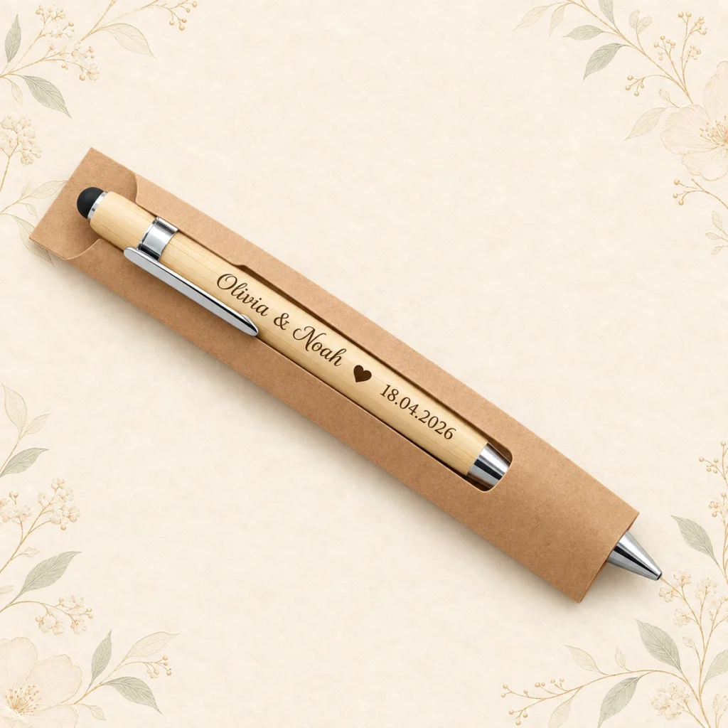 Bamboo wedding pen for Olivia and Noah dated 18 April 2026