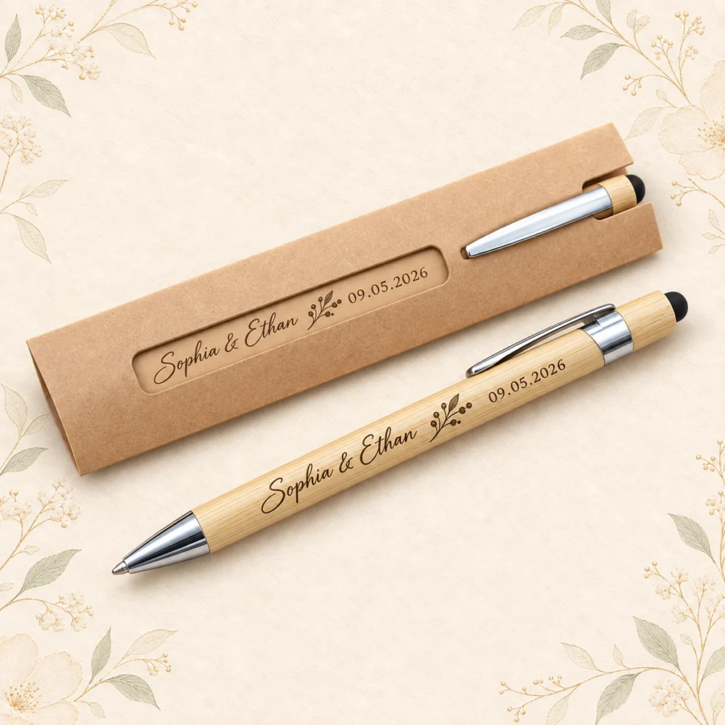 Bamboo wedding pen for Sophia and Ethan dated 9 May 2026