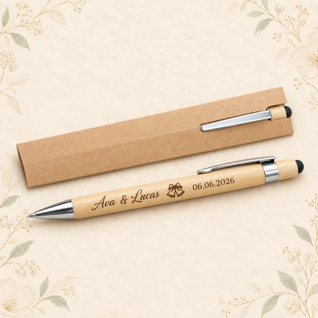 Bamboo wedding pen for Ava and Lucas dated 6 June 2026