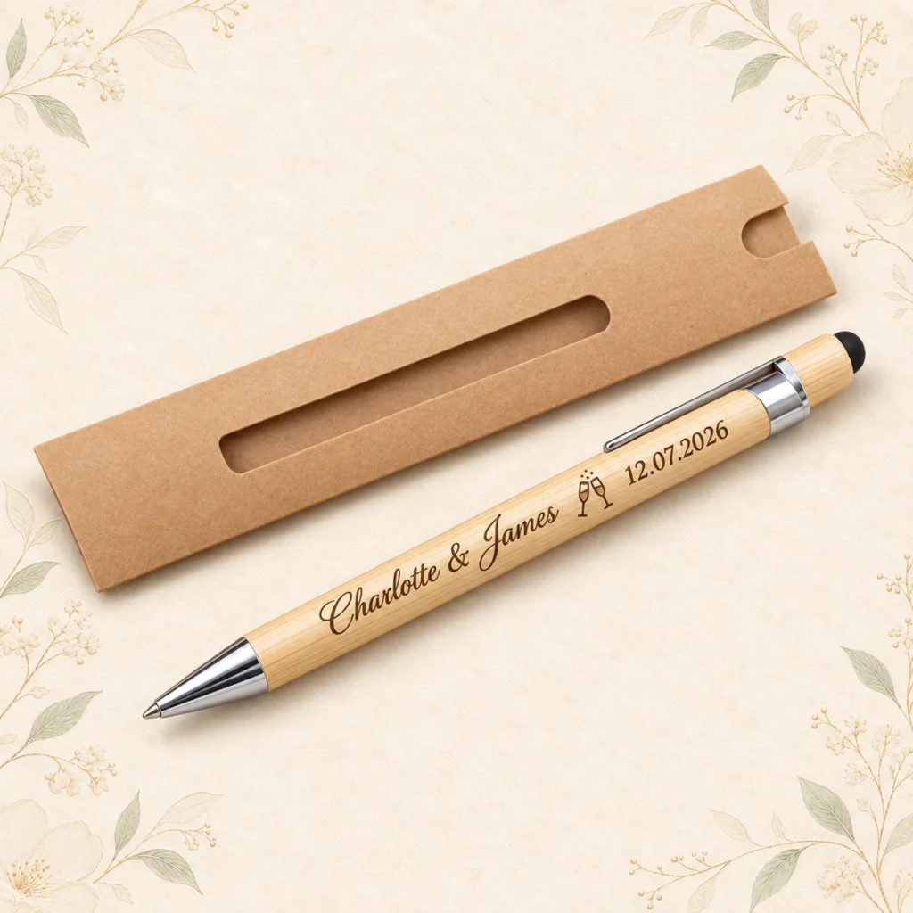 Bamboo wedding pen for Charlotte and James dated 12 July 2026