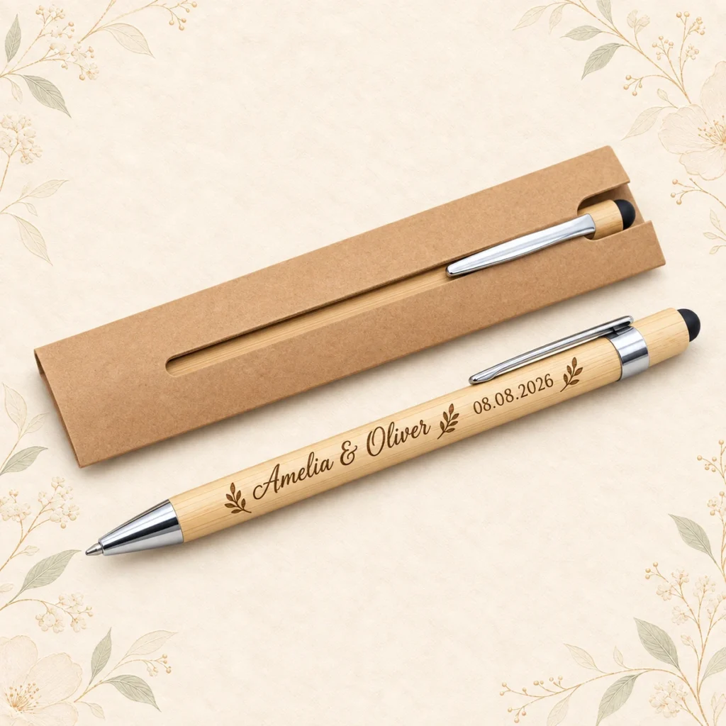 Bamboo wedding pen for Amelia and Oliver dated 8 August 2026