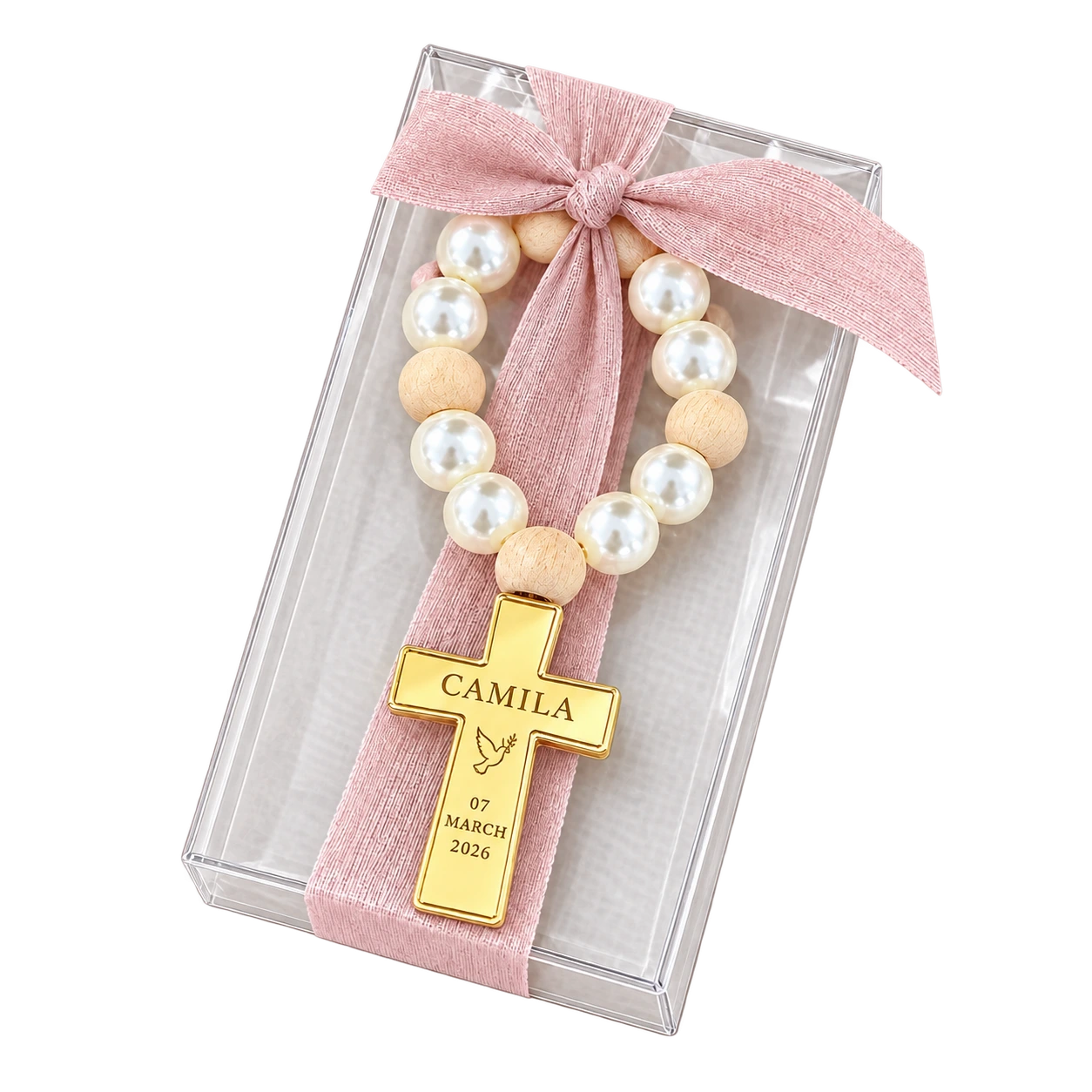 Blush ribbon baptism rosary favor personalized for Camila