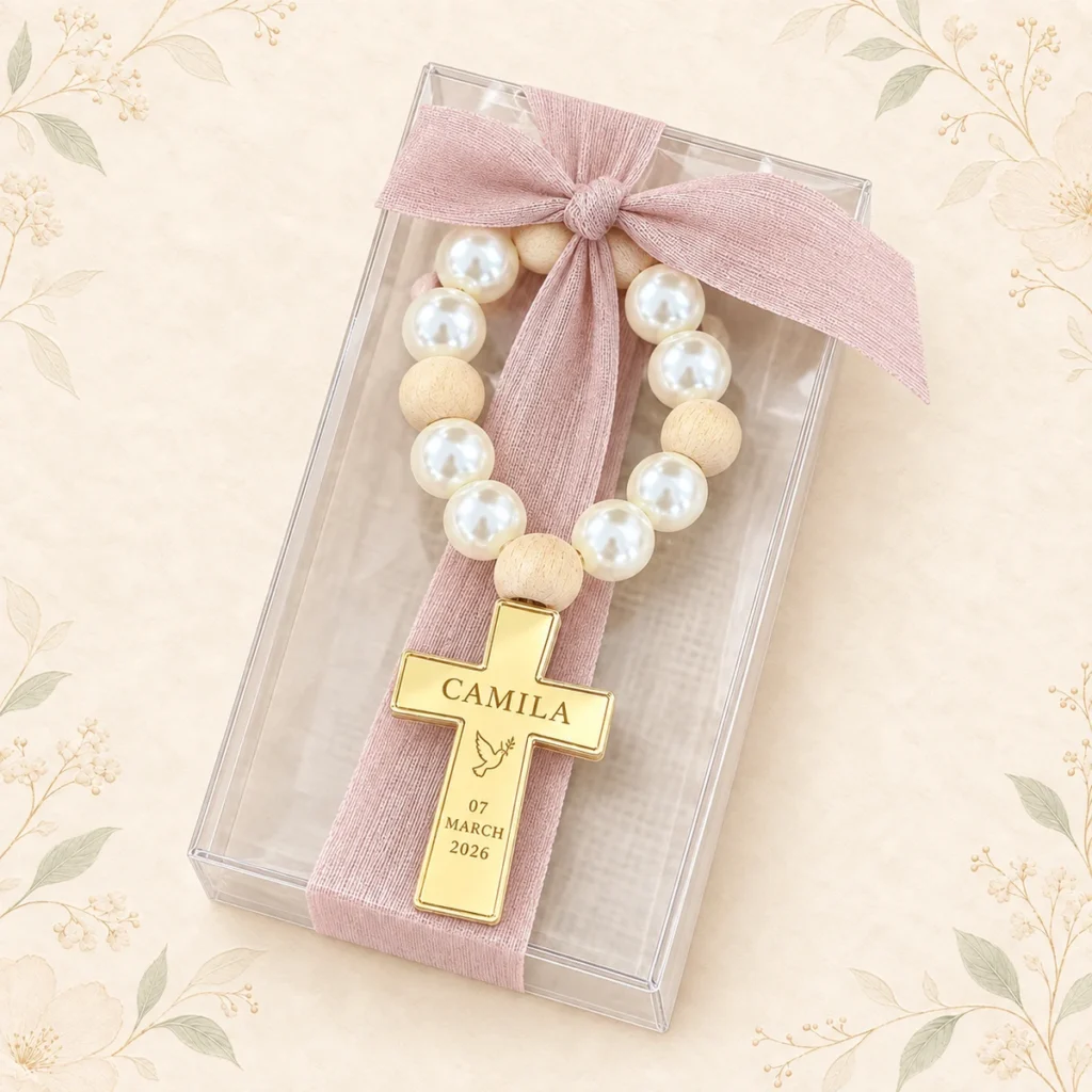 Blush ribbon baptism rosary favor personalized for Camila