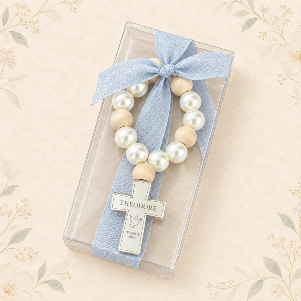 Blue ribbon christening rosary favor personalized for Theodore