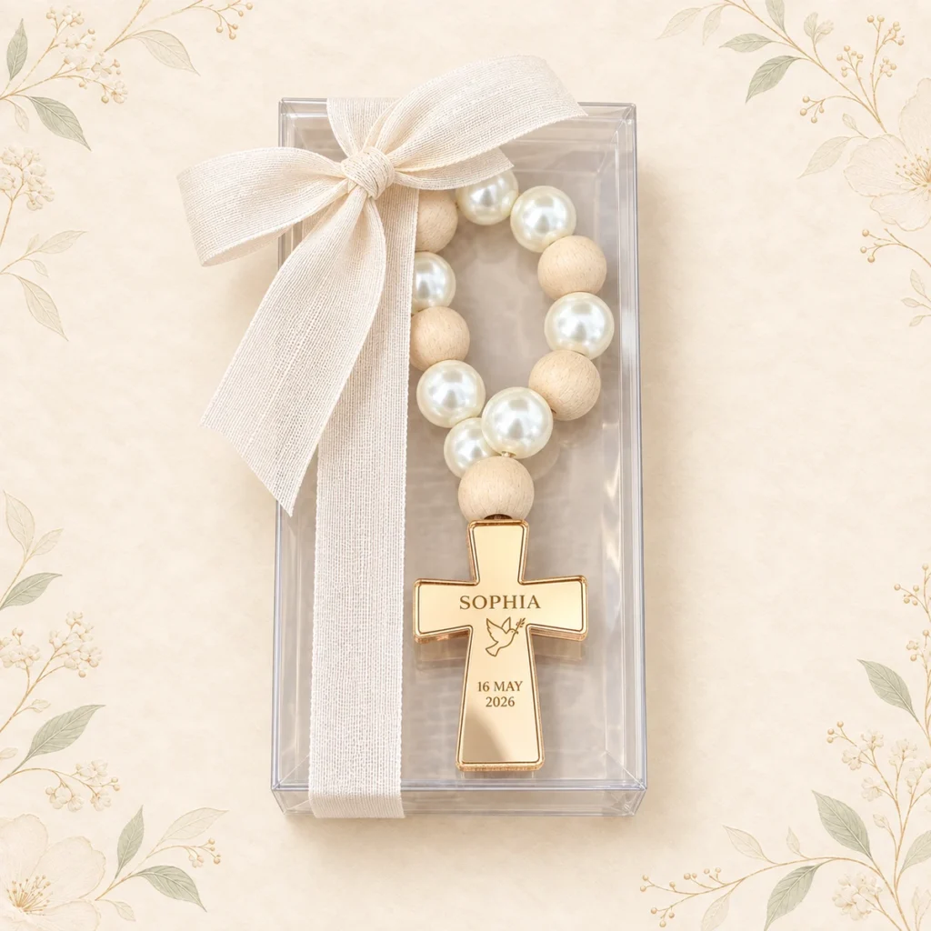 Ivory ribbon First Communion rosary personalized for Sophia