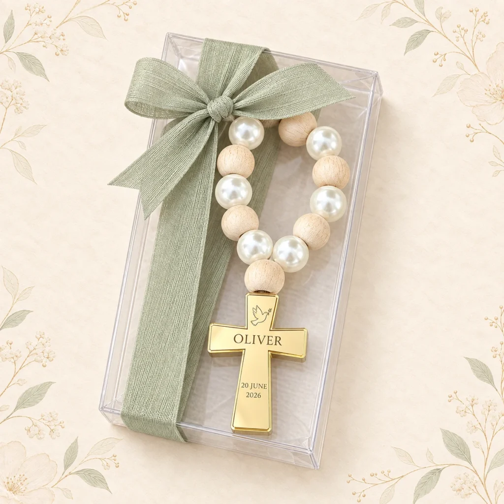Sage ribbon baptism guest favor personalized for Oliver