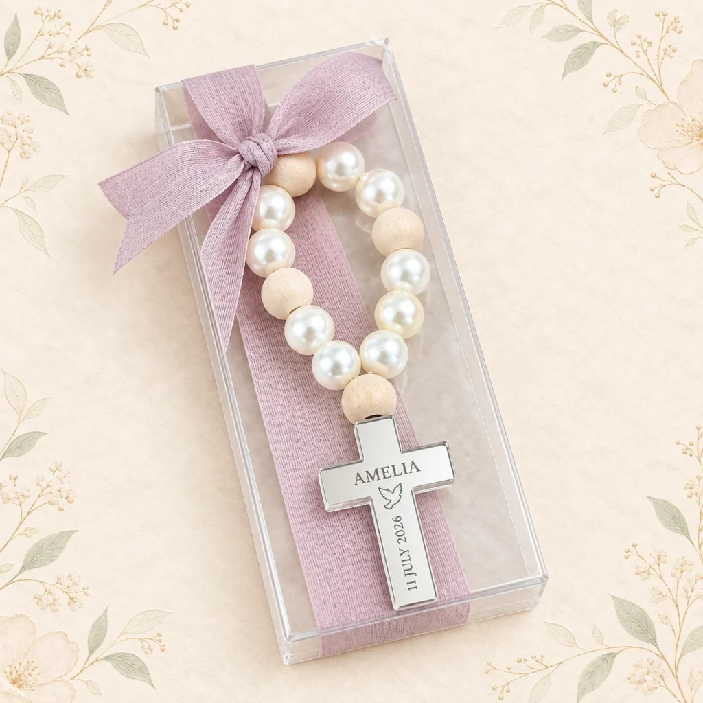 Lavender ribbon rosary gift box personalized for Amelia