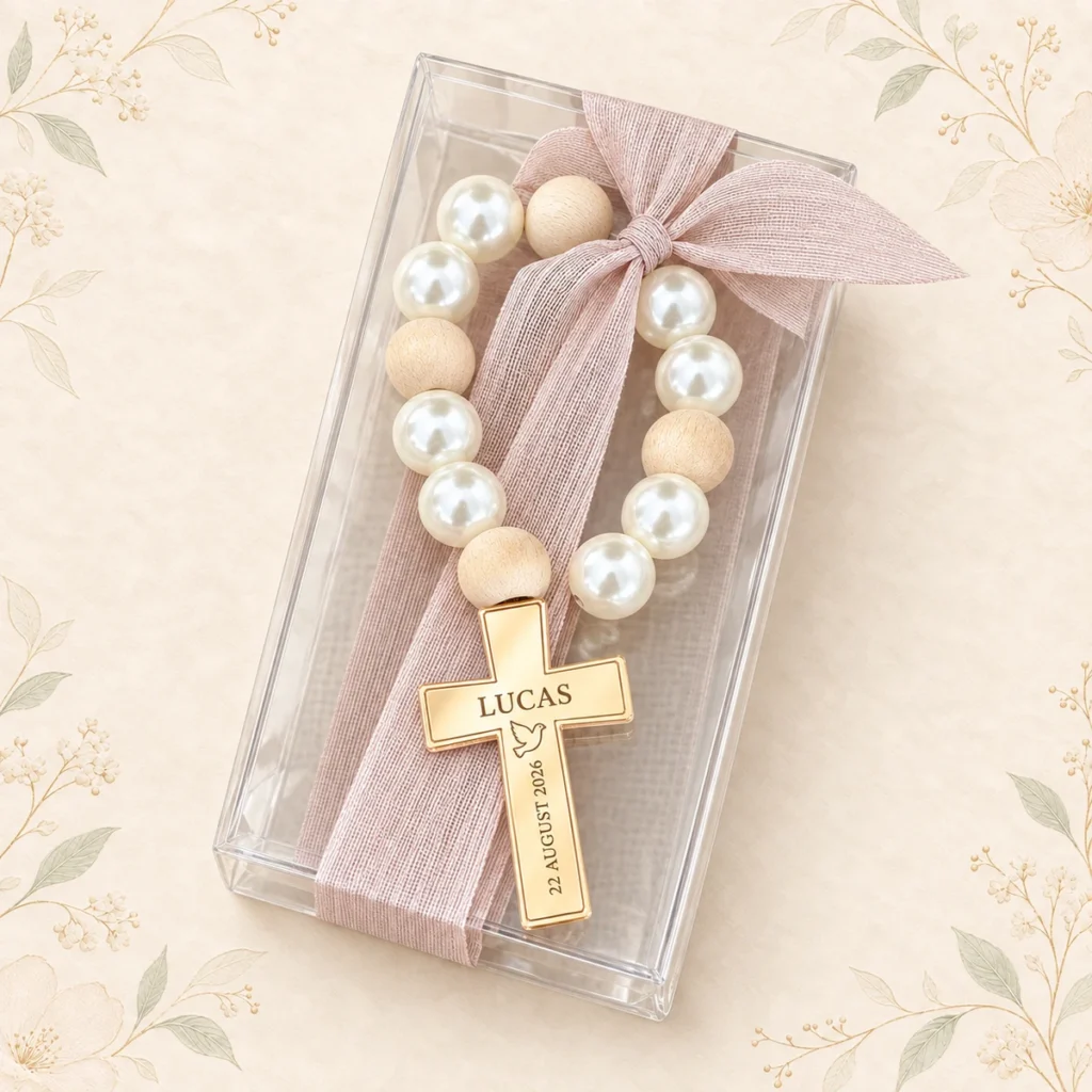 Champagne ribbon christening rosary personalized for Lucas