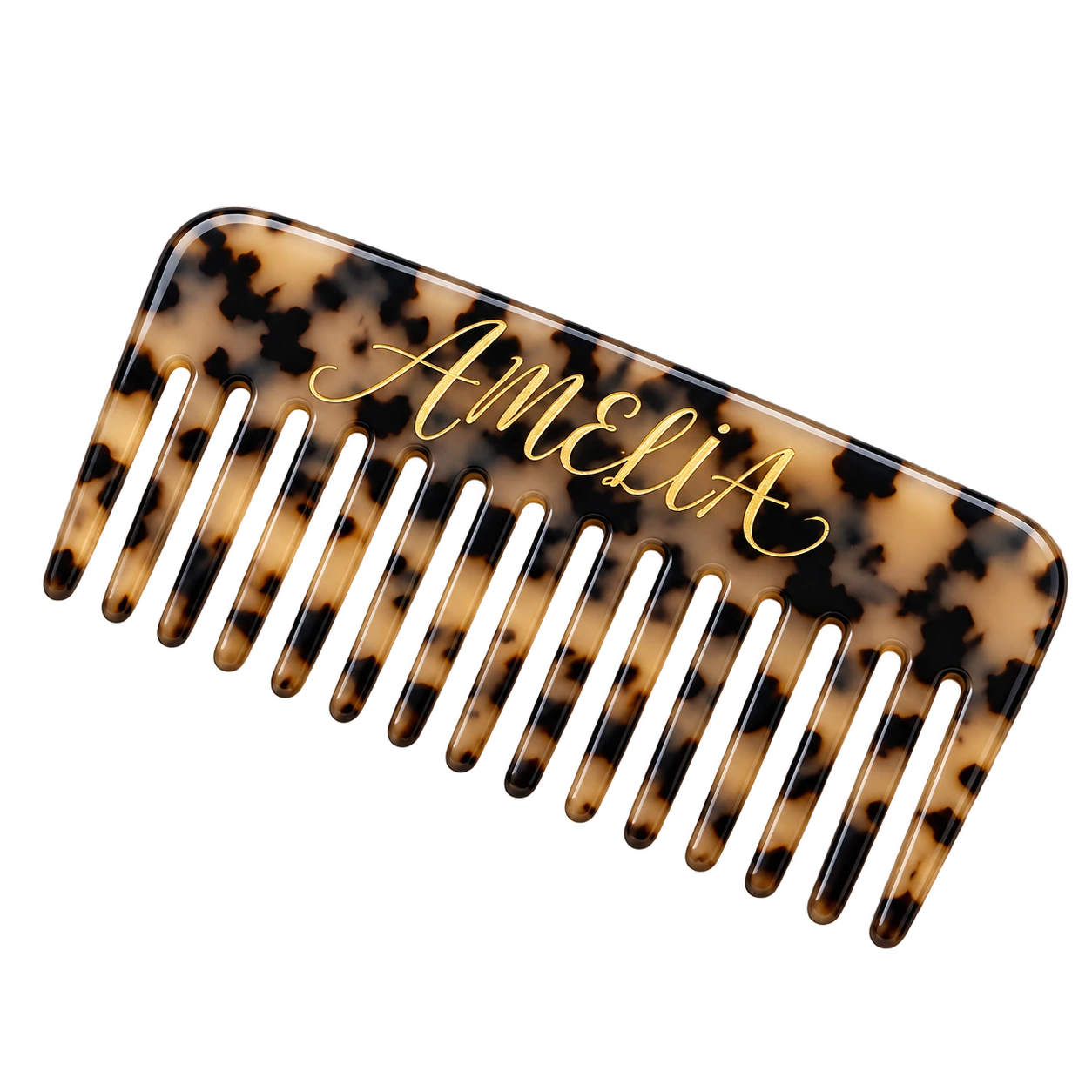 Tortoiseshell bridesmaid hair comb personalized with Amelia in gold