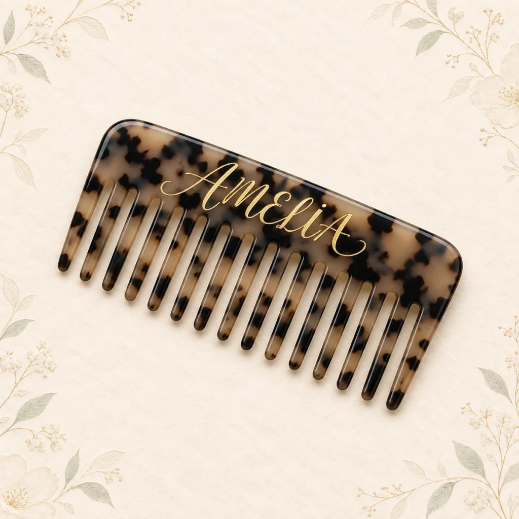 Tortoiseshell bridesmaid hair comb personalized with Amelia in gold