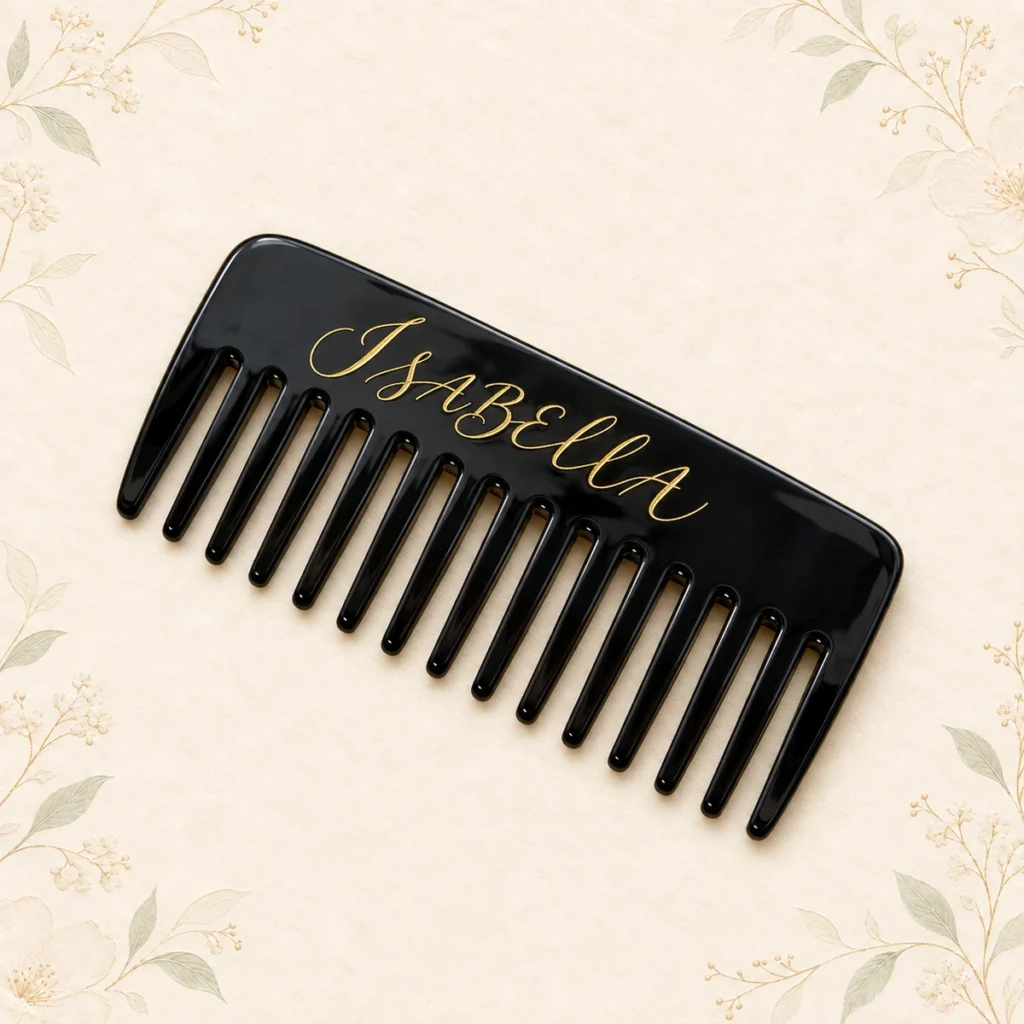 Black bridesmaid hair comb personalized with Isabella in gold