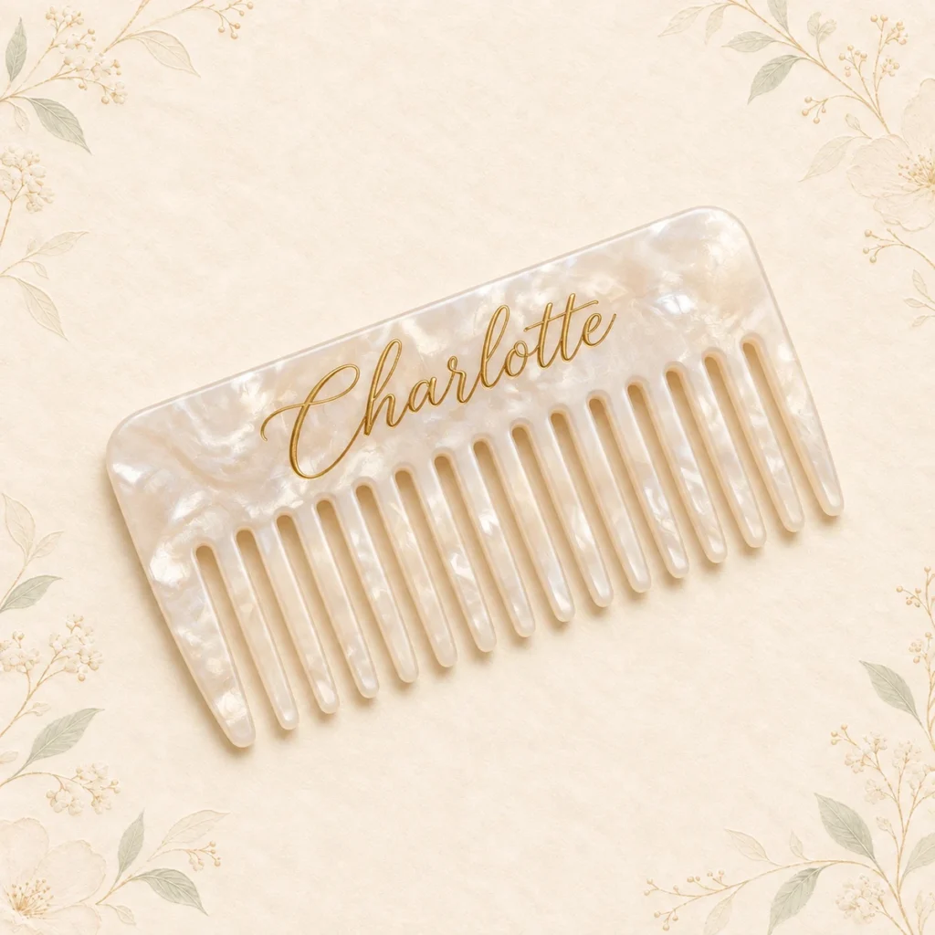 Ivory pearl bridesmaid hair comb personalized with Charlotte in gold