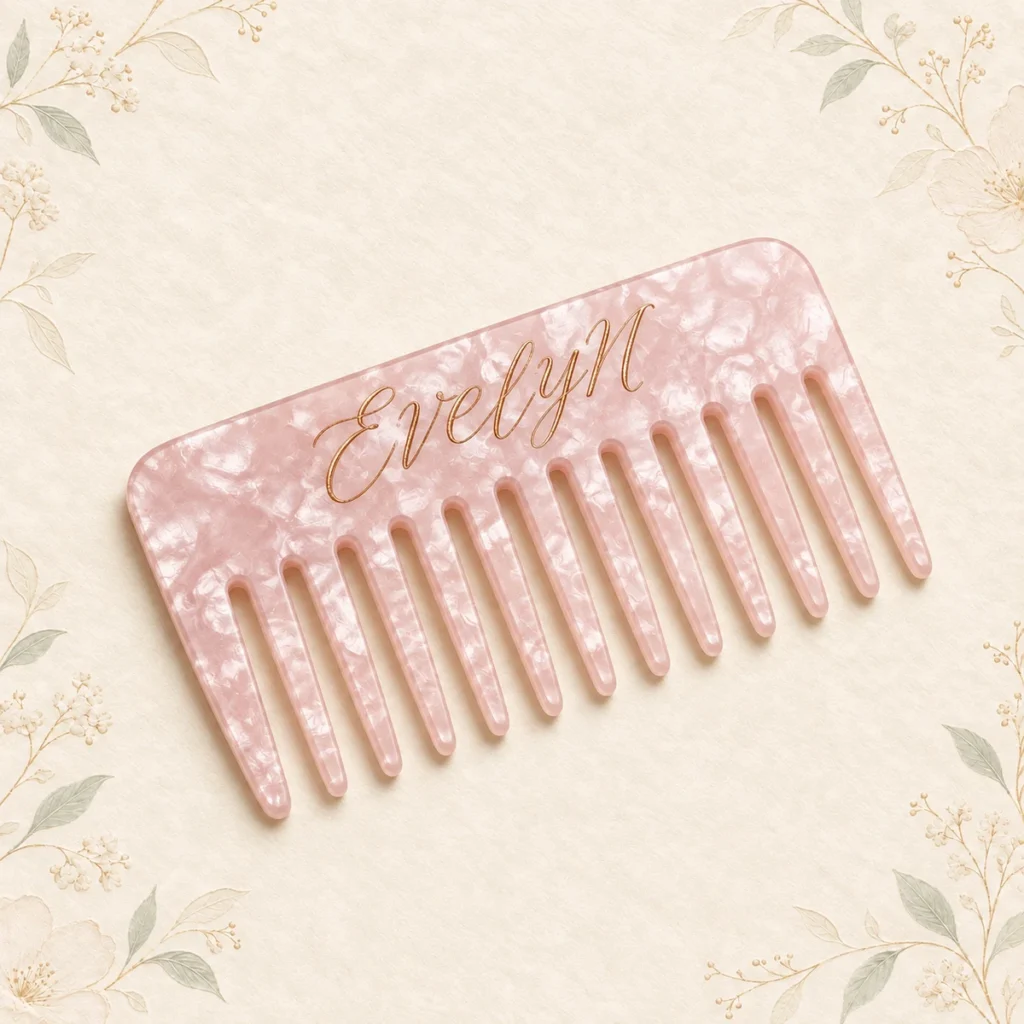 Pink pearl bridesmaid hair comb personalized with Evelyn in rose gold