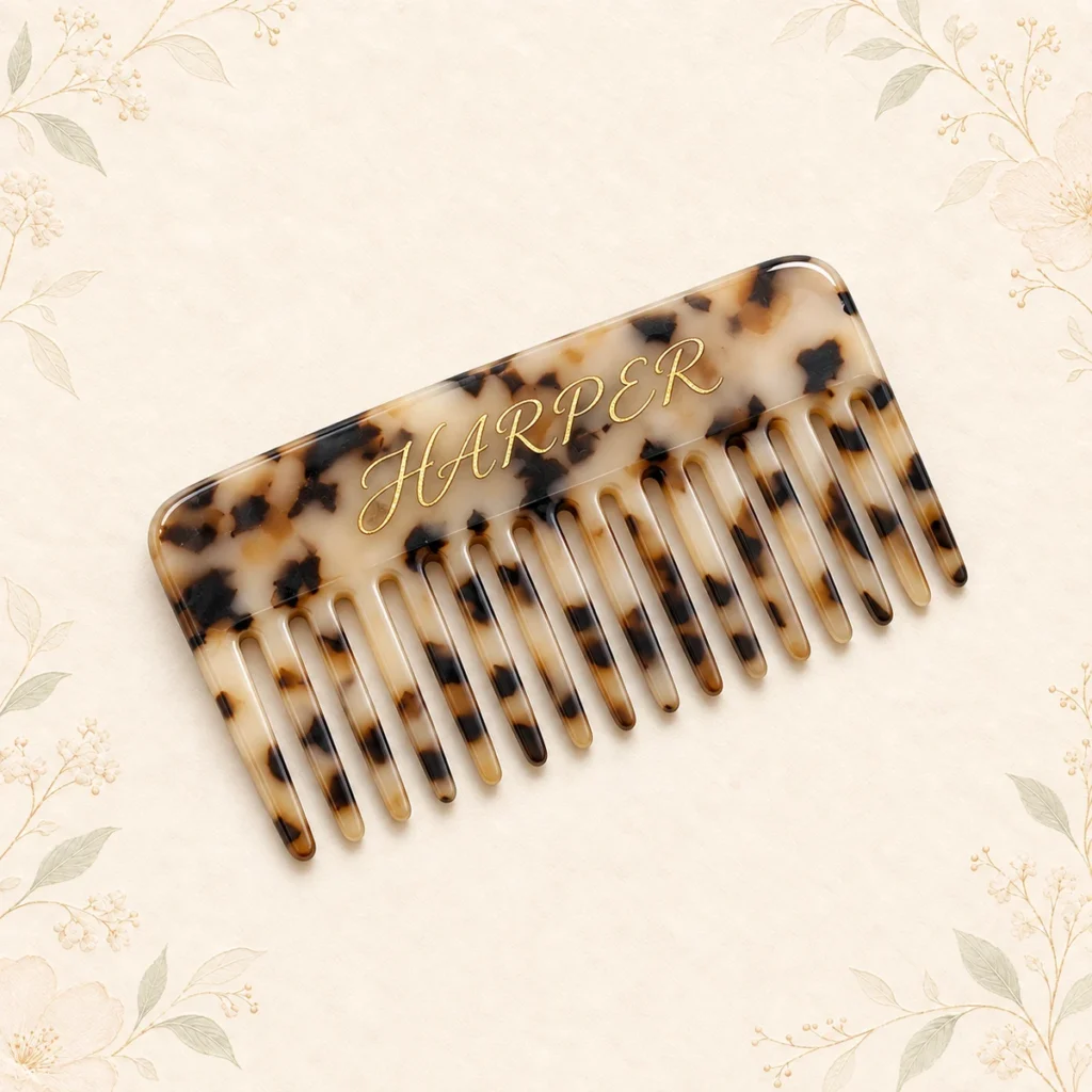 Creamy tortoiseshell bridesmaid hair comb personalized with Harper in gold