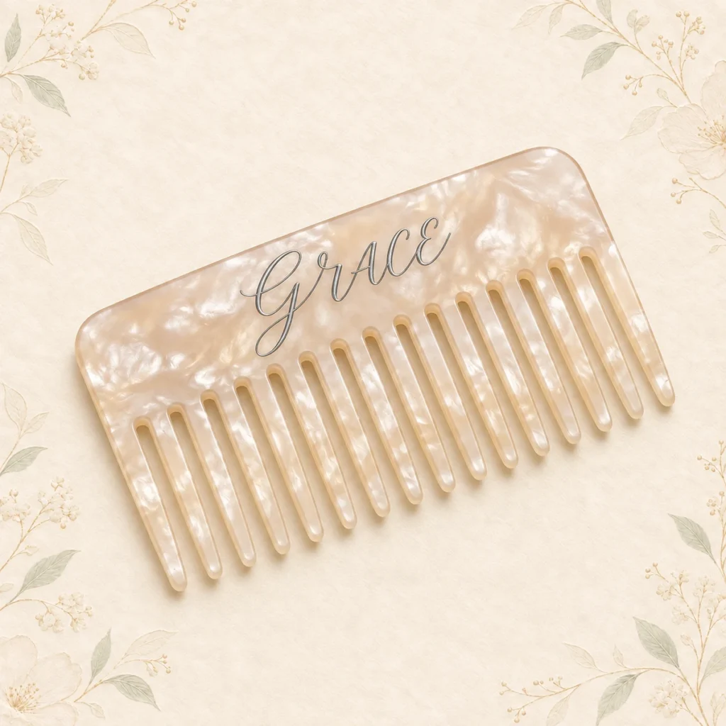 Champagne pearl bridesmaid hair comb personalized with Grace in silver
