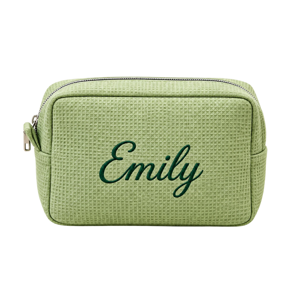 Sage waffle cosmetic bag embroidered with Emily