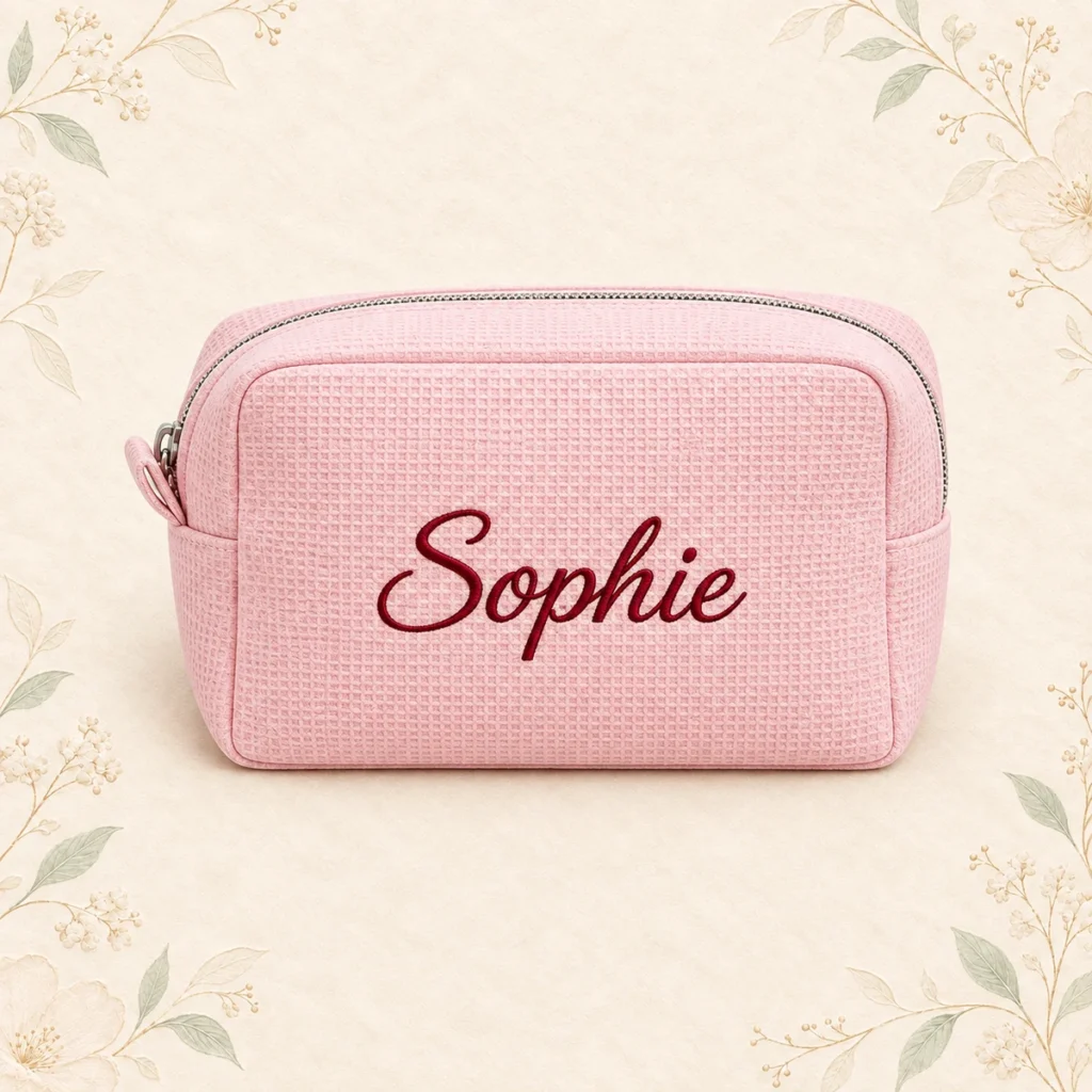 Blush waffle cosmetic bag embroidered with Sophie