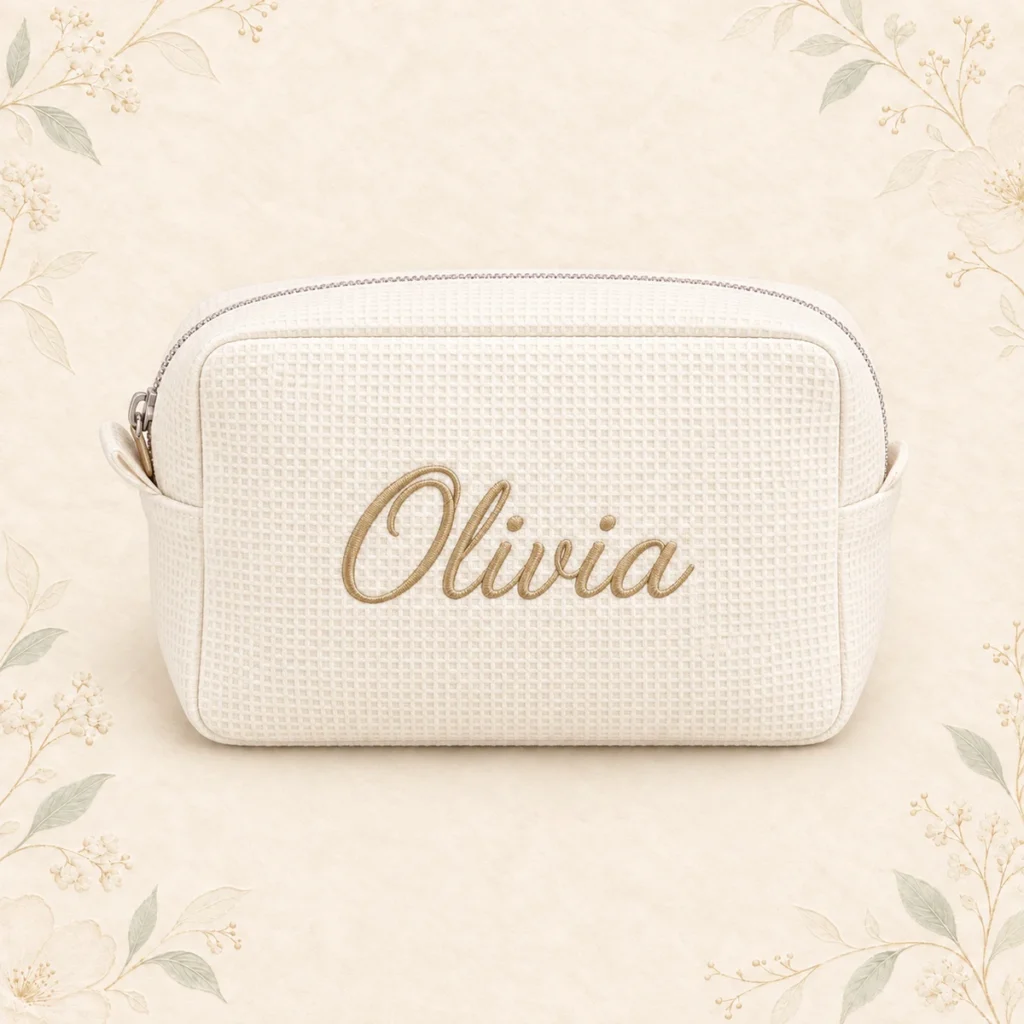 Ivory waffle cosmetic bag embroidered with Olivia