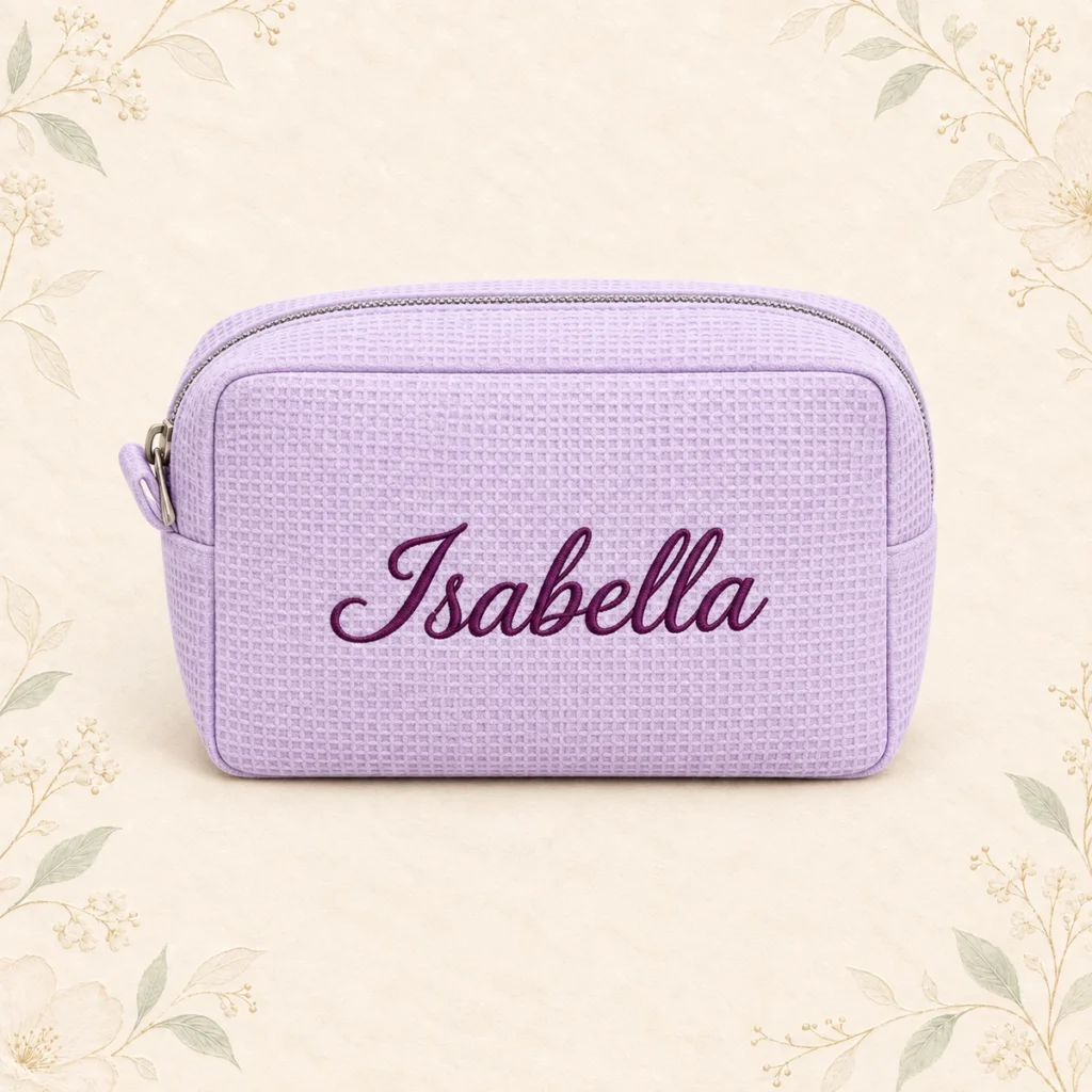 Lavender waffle cosmetic bag embroidered with Isabella
