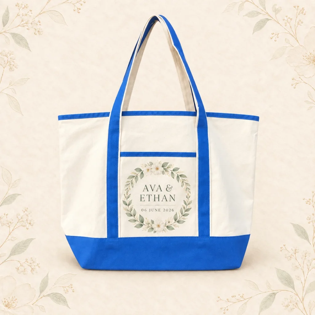 Blue trim canvas tote for Ava and Ethan dated 11 June 2026