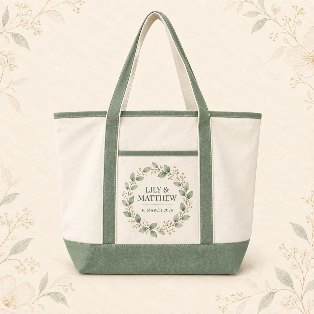 Sage trim canvas tote for Lily and Matthew dated 6 March 2026