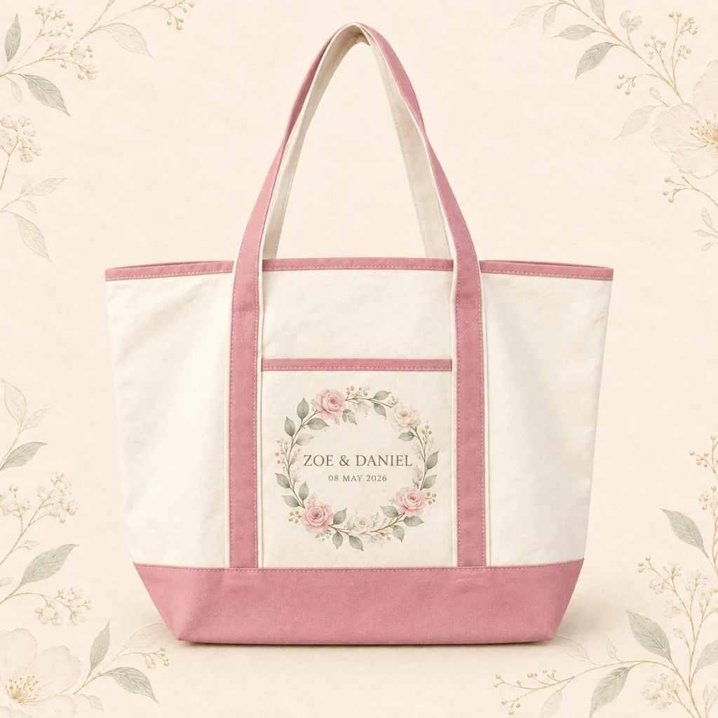 Blush trim canvas tote for Zoe and Daniel dated 8 May 2026