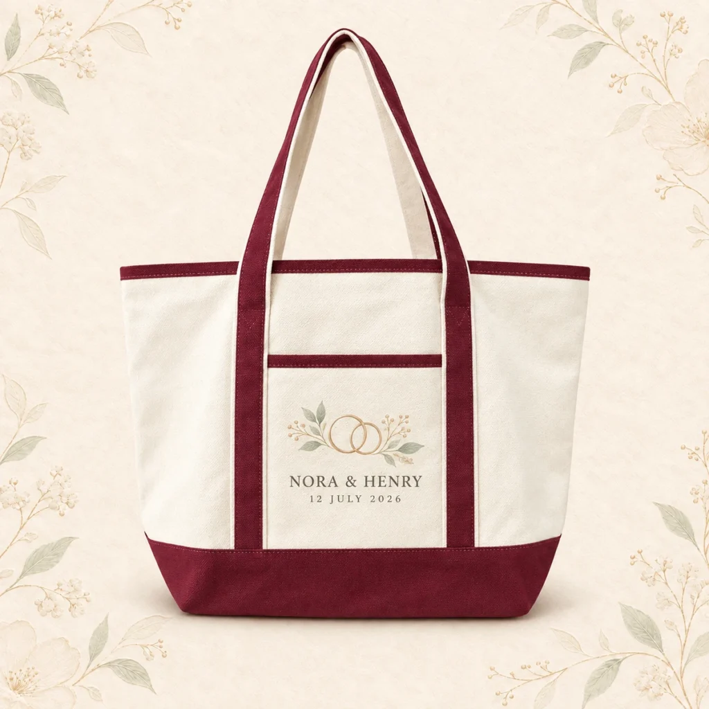 Burgundy trim canvas tote for Nora and Henry dated 12 July 2026