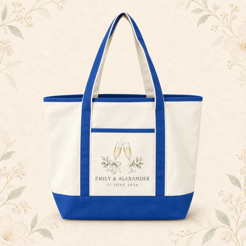 Royal blue trim canvas tote for Emily and Alexander dated 11 June 2026