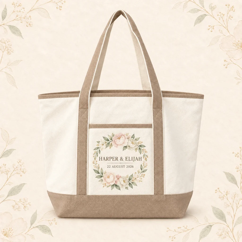 Champagne trim canvas tote for Harper and Elijah dated 22 August 2026