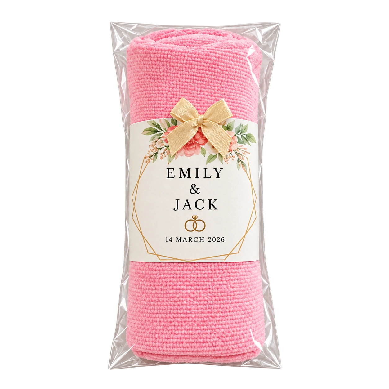 Blush towel favor for Emily and Jack dated 14 March 2026
