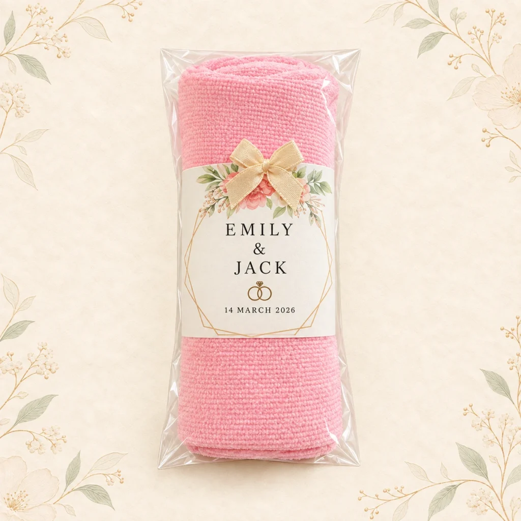 Blush towel favor for Emily and Jack dated 14 March 2026