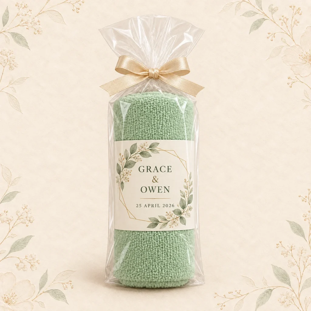 Sage towel favor for Grace and Owen dated 25 April 2026