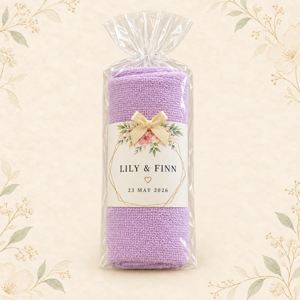 Lavender towel favor for Lily and Finn dated 23 May 2026