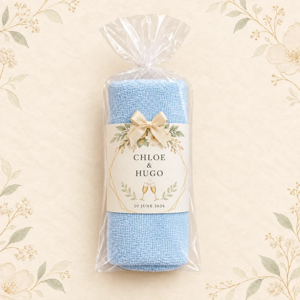 Powder blue towel favor for Chloe and Hugo dated 20 June 2026