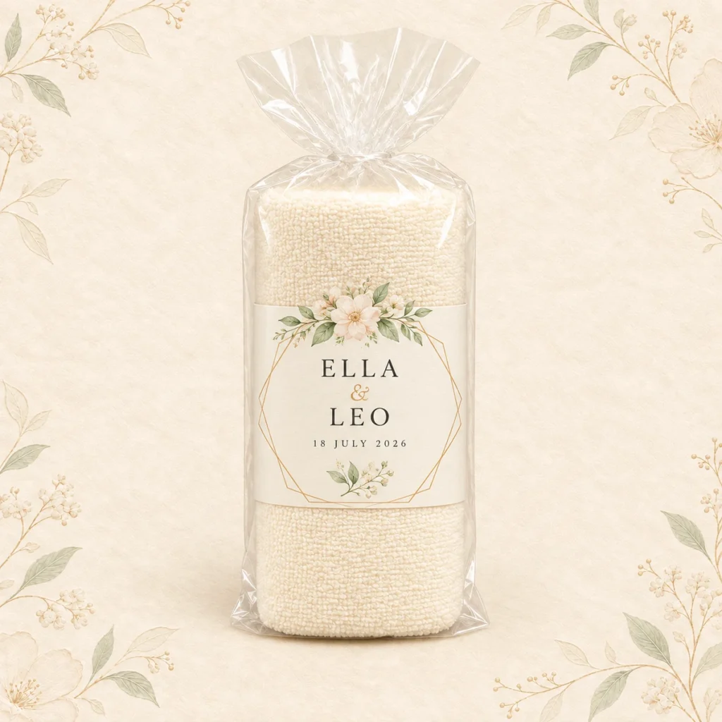 Ivory towel favor for Ella and Leo dated 18 July 2026