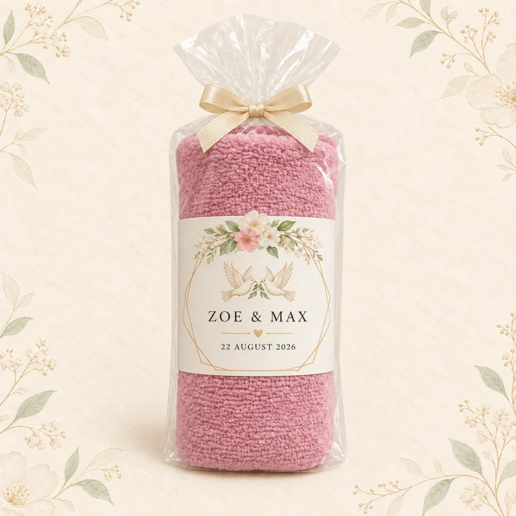Dusty rose towel favor for Zoe and Max dated 22 August 2026