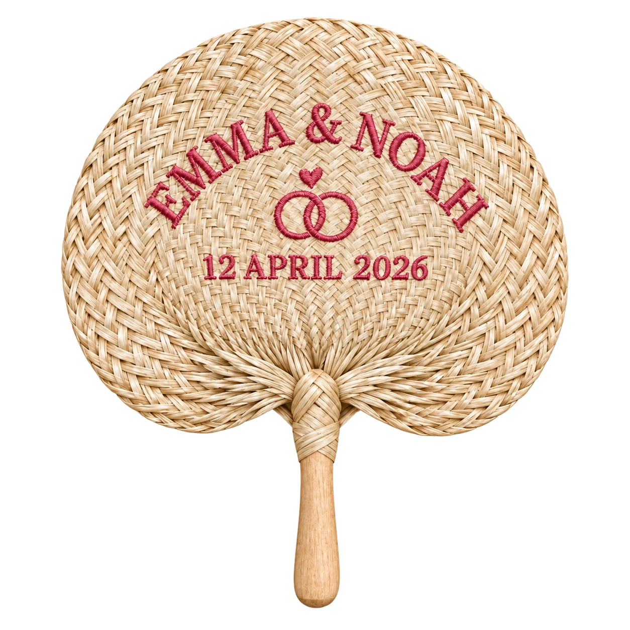 Straw wedding hand fan with blush floral embroidery