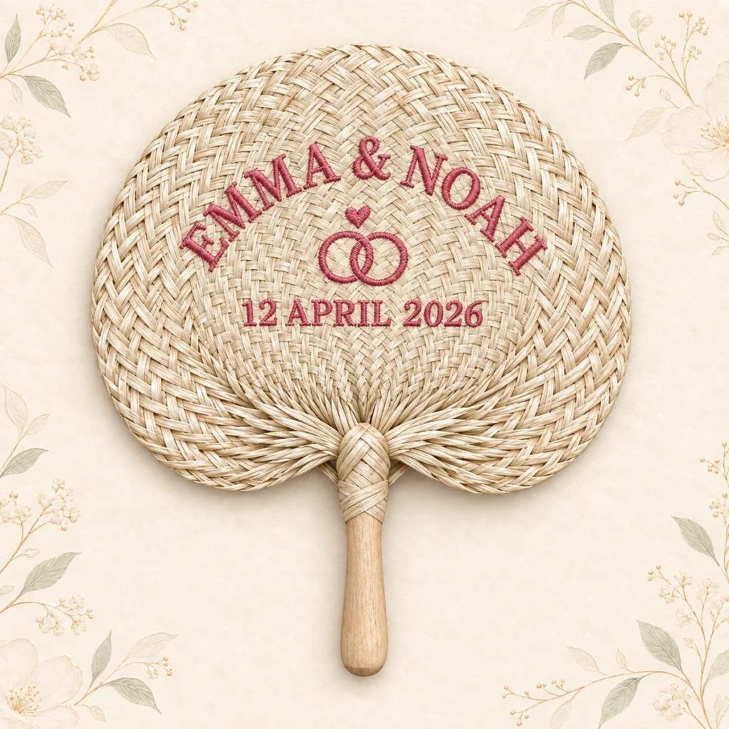 Straw wedding hand fan with blush floral embroidery
