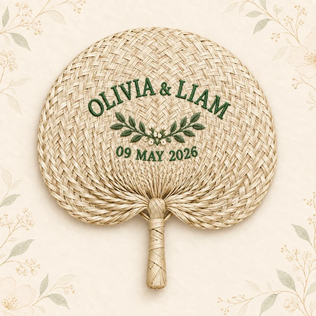 Straw wedding hand fan with sage wreath embroidery
