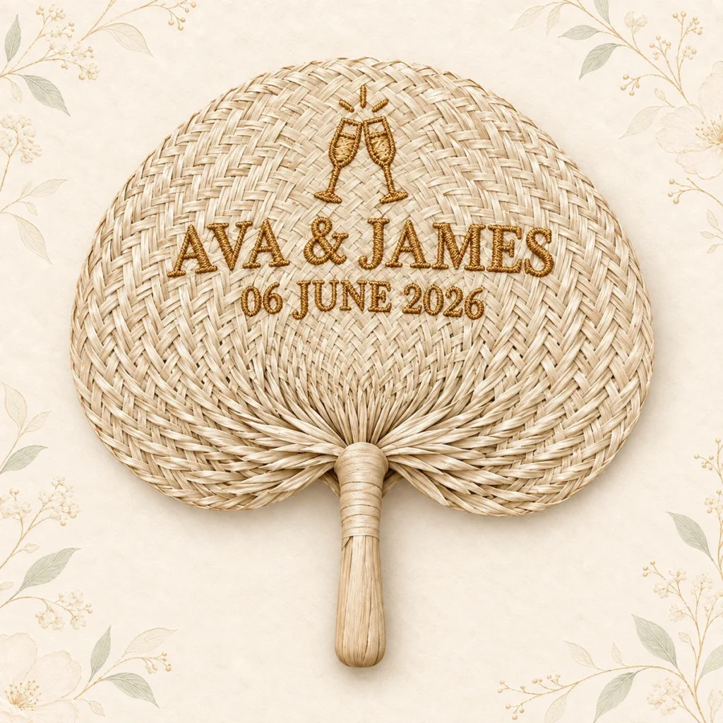 Straw wedding hand fan with champagne ring embroidery