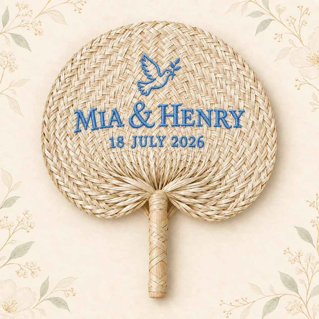 Straw wedding hand fan with blue dove embroidery