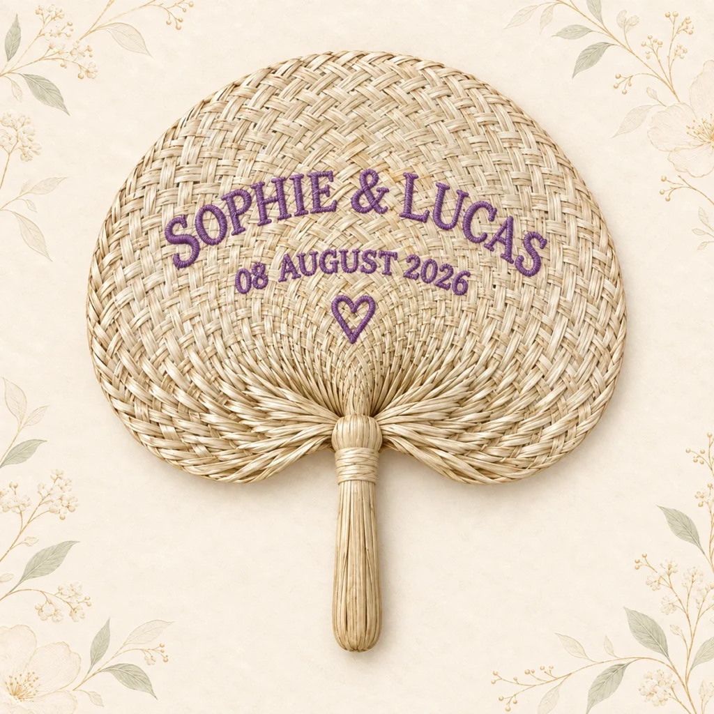 Straw wedding hand fan with lavender heart embroidery
